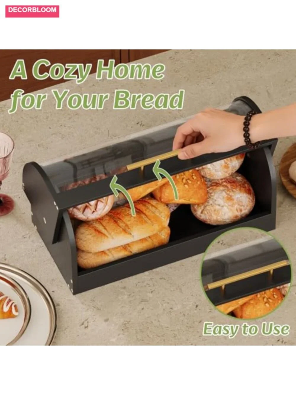 Roll Top Bread Box Bamboo Storage with Acrylic Door